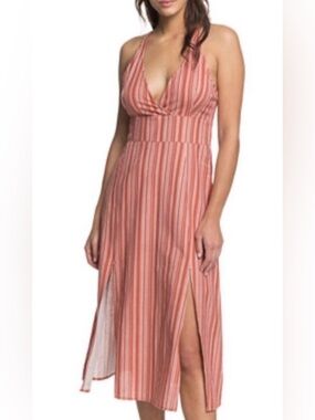 Roxy Coral Pink Striped Halter Midi Dress